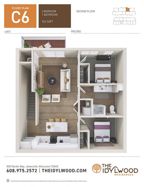 Floor plan for 2 beds, 1 bath, 942 sqft
